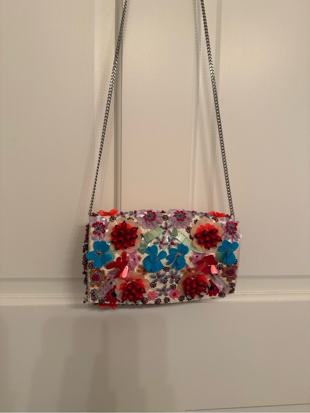 Embellished Floral Crossbody Bag - White with Red & Blue Accents